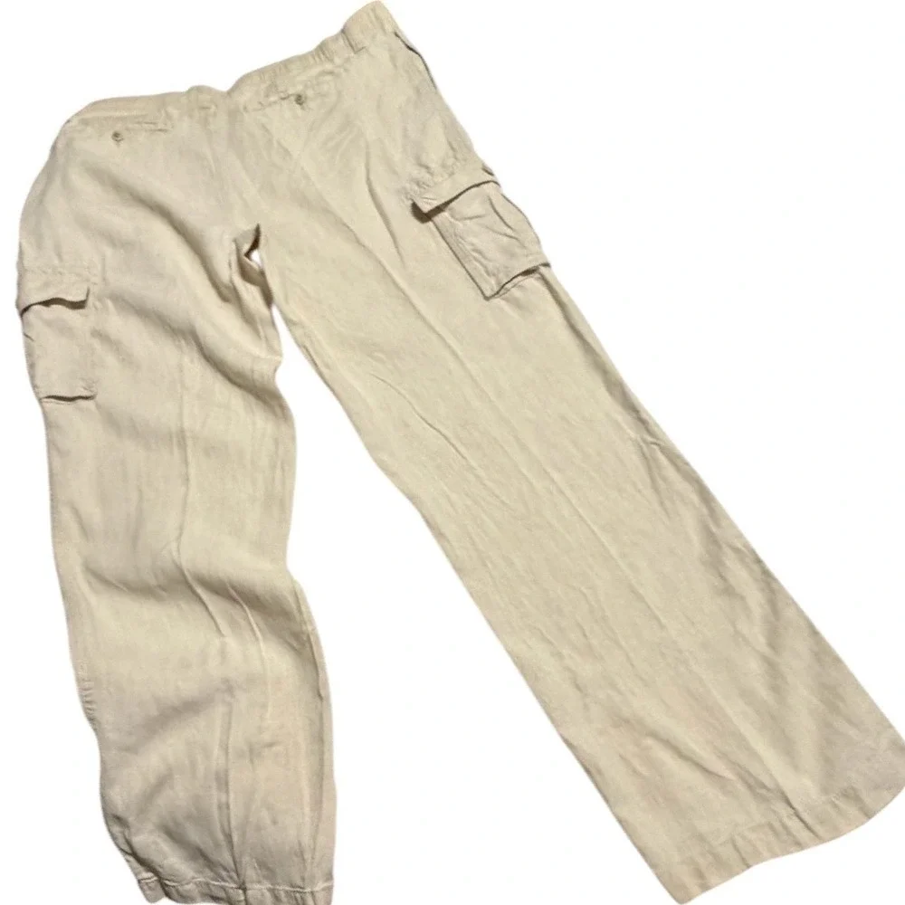 Caribbean Mens 100% Linen Cargo Pants Beige Tan Straight Leg 42x34 Summer Beach